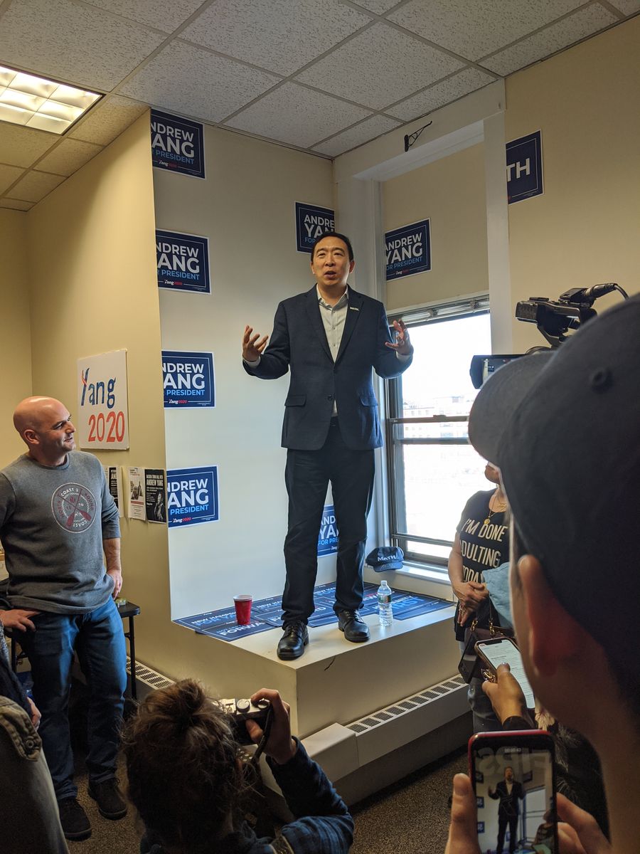 Andrew Yang speaking at a 2020 campaign event
