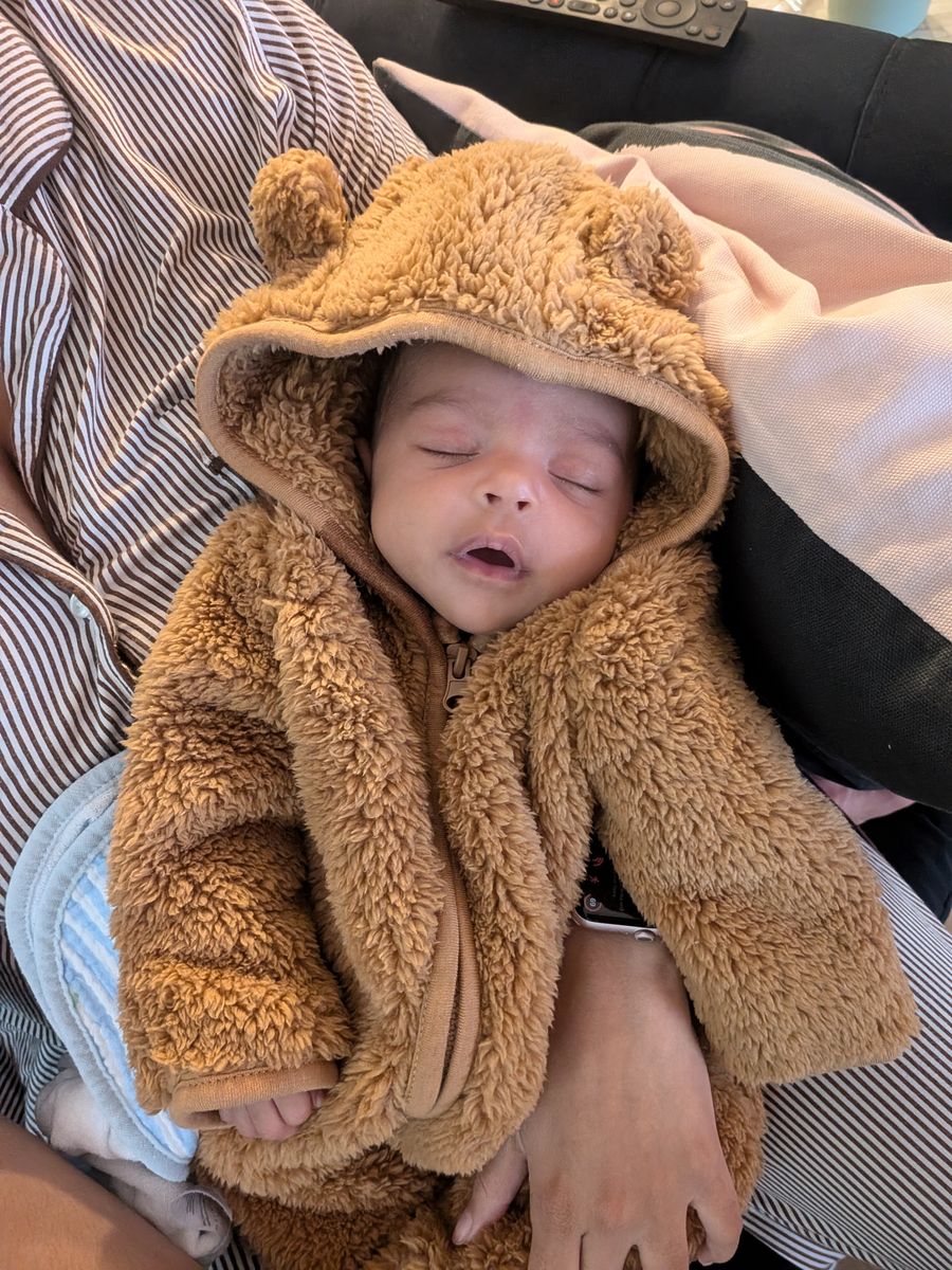 Sleeping newborn in a fuzzy teddy-bear costume